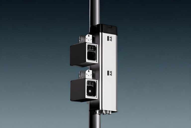 Two Vizzia video surveillance cameras and a silver processing unit mounted on a metal utility pole.