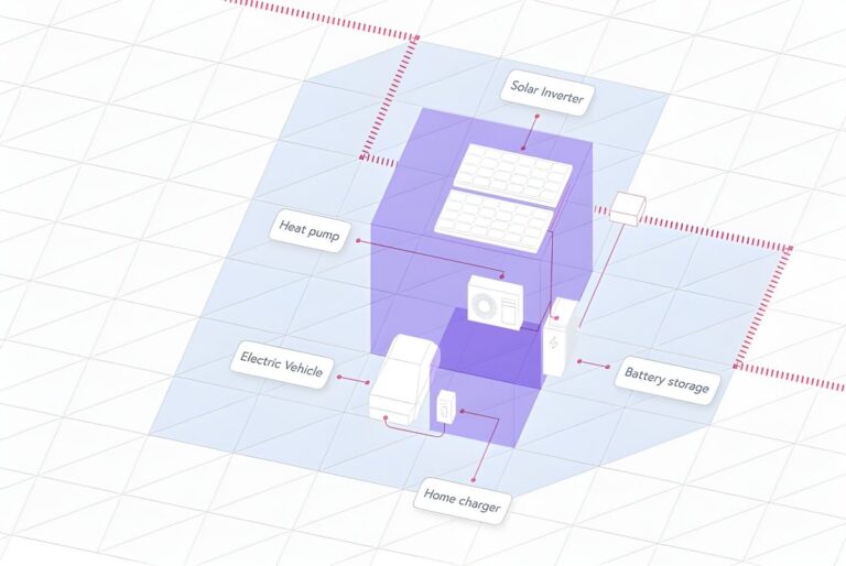 Isometric diagram of a smart home with labels for solar panels, heat pump, electric vehicle, and battery storage.