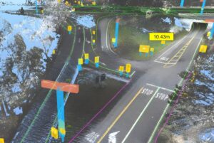 3D LiDAR point cloud scan of a city road intersection with digital twin data overlays, distance markers, and mapped signs.