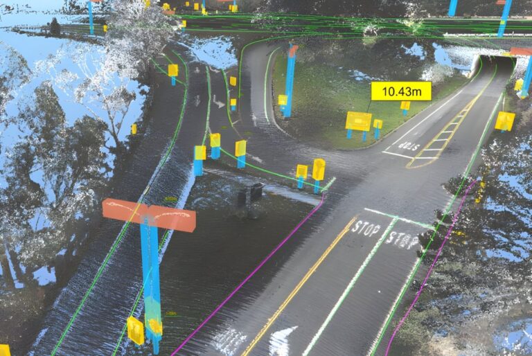 3D LiDAR point cloud scan of a city road intersection with digital twin data overlays, distance markers, and mapped signs.