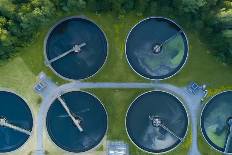 Aerial top-down view of circular wastewater treatment clarifier tanks surrounded by green grass and trees.