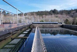 Outdoor concrete sedimentation tanks and metal walkways at a water treatment facility with a forested hill in the background.
