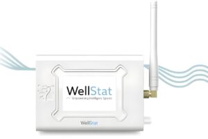 WellStat air quality monitoring device with a digital display screen and a white external antenna.
