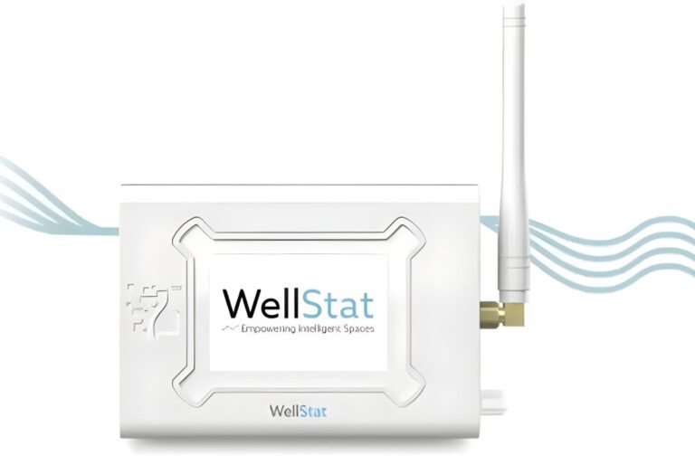 WellStat air quality monitoring device with a digital display screen and a white external antenna.