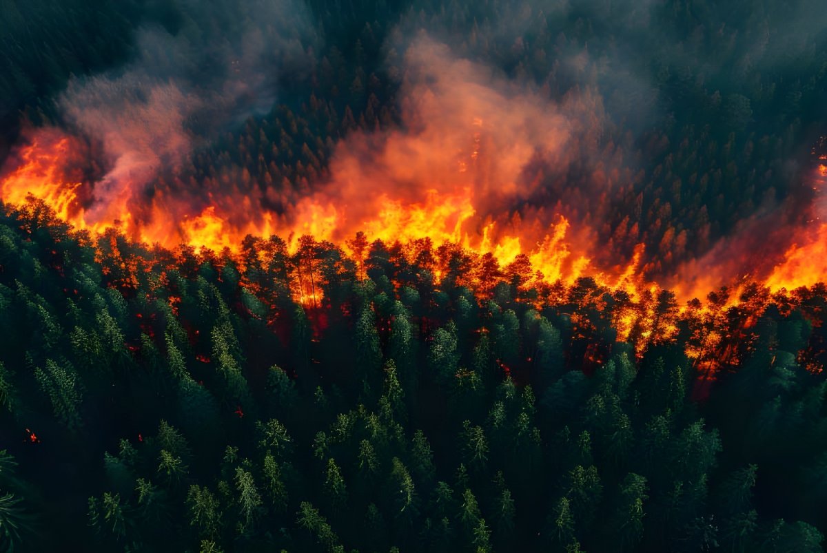 Aerial view of a wildfire burning through a dense evergreen forest with thick smoke rising from the orange flames.