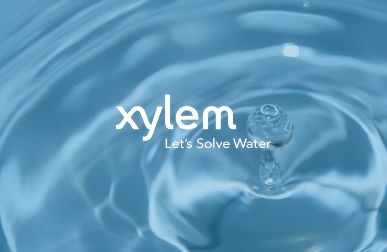 Xylem logo and "Let's Solve Water" slogan overlaid on a blue water surface with ripples and a splashing droplet.