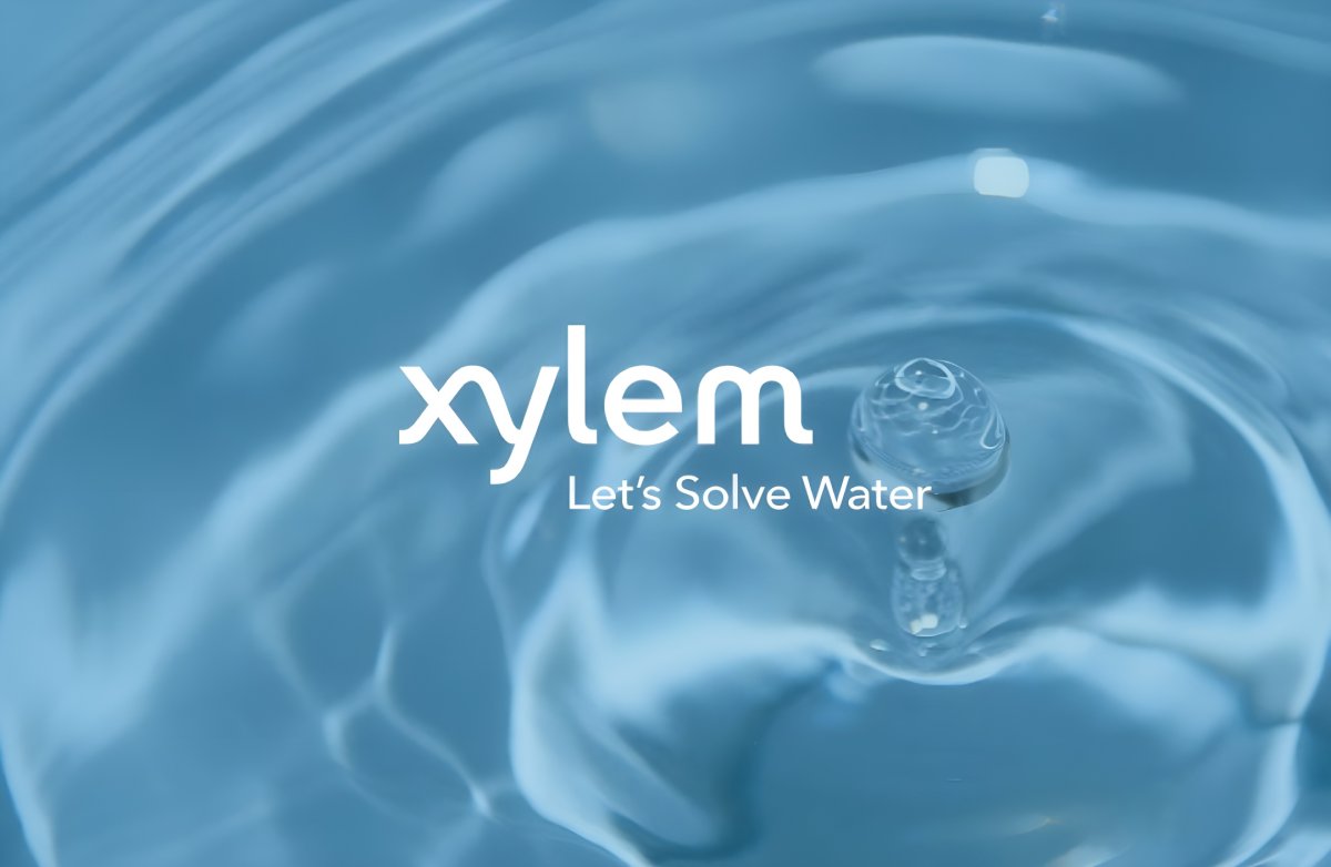 Xylem logo and "Let's Solve Water" slogan overlaid on a blue water surface with ripples and a splashing droplet.