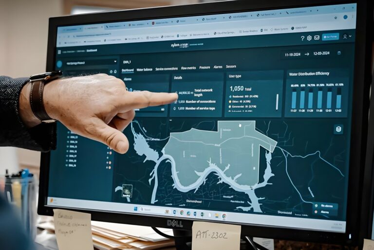 A person points to a Xylem Vue powered by GoAigua dashboard on a computer monitor displaying water utility data and maps.