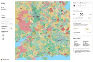 Yottar software interface showing a color-coded heat map of the UK power grid with data on available power and capacity.