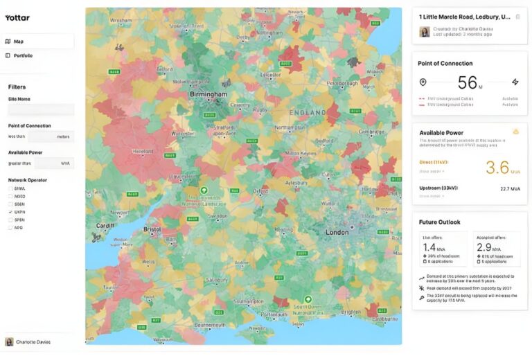 Yottar software interface showing a color-coded heat map of the UK power grid with data on available power and capacity.