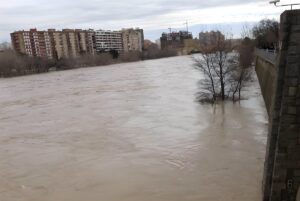 High-angle view of a wide, brown flooded river flowing past urban apartment buildings and submerged trees in Zaragoza.