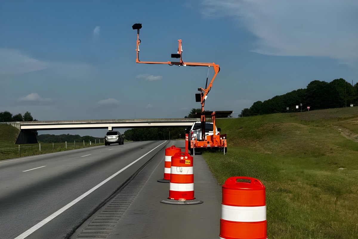 An Acusensus mobile camera trailer parked behind orange traffic barrels on a highway shoulder near an overpass.
