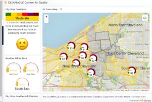 Digital dashboard showing a Cleveland air quality map with circular data gauges and a moderate health advisory panel.