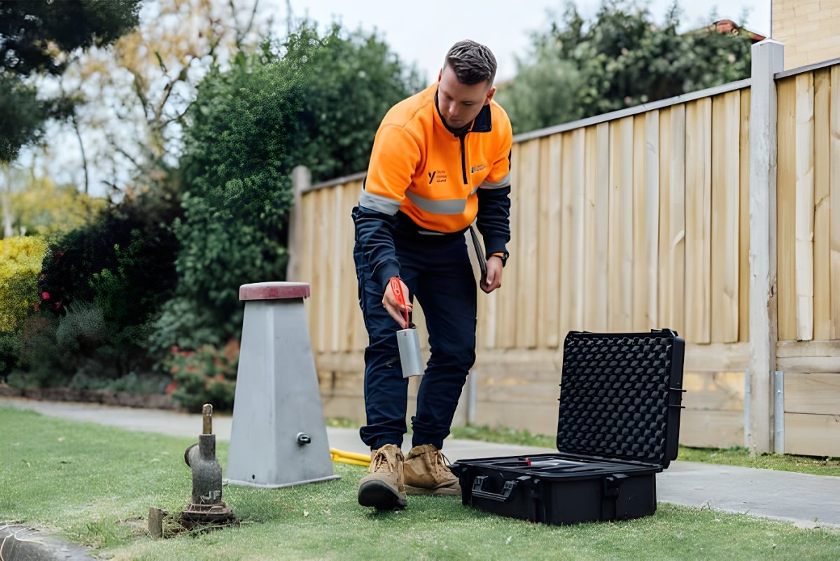 A Yarra Valley Water technician in high-visibility gear uses leak detection equipment on a residential nature strip.