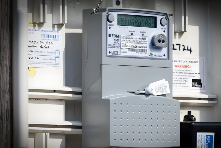 Close-up of a grey EDMI smart electricity meter with a digital display mounted inside an outdoor utility box.