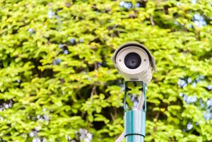 White bullet security camera mounted on a teal pole with a background of green leafy trees.