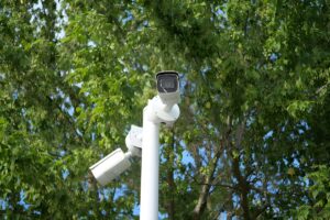 Two white security cameras mounted on a pole in front of green leafy trees.