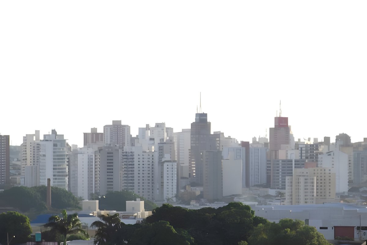 Skyline of São José do Rio Preto featuring high-rise buildings and dense urban infrastructure behind a treeline.