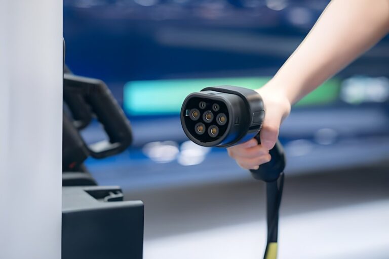 Close-up of a person's hand holding a black Type 2 electric vehicle charging cable at a charging station.