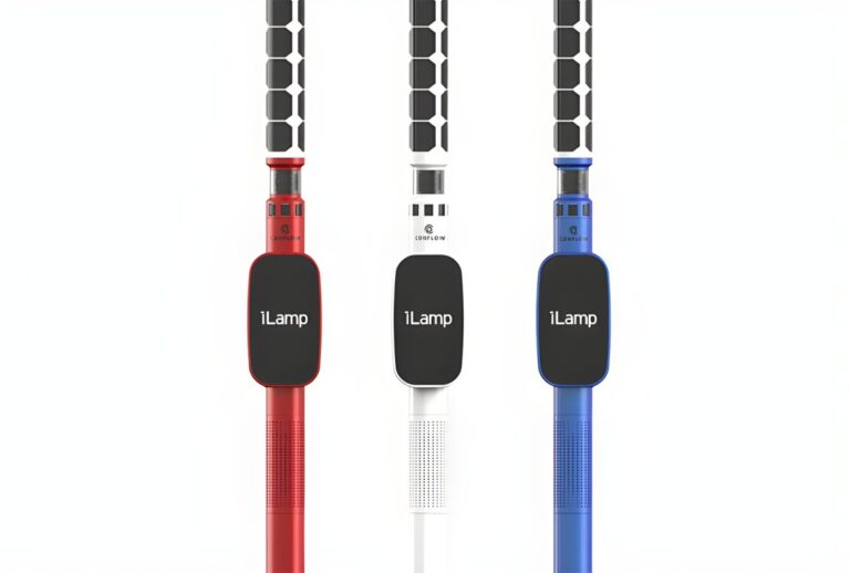 Three iLamp smart street poles in red, white, and blue featuring integrated solar panels and digital displays.