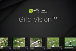 eSmart Systems Grid Vision logo above a row of five digital interface screens showing aerial views of utility poles.