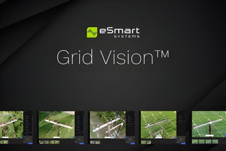 eSmart Systems Grid Vision logo above a row of five digital interface screens showing aerial views of utility poles.