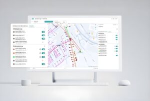Computer monitor displaying the Envelio Intelligent Grid Platform with a digital twin map of electrical utility infrastructure.