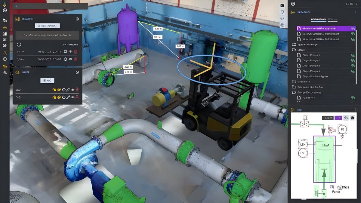 Samp digital twin interface showing a 3D industrial facility model with color-coded pipes, tanks, and a forklift.