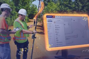 Two utility workers in hard hats use a surveying pole outdoors next to a digital interface showing Locusview software.