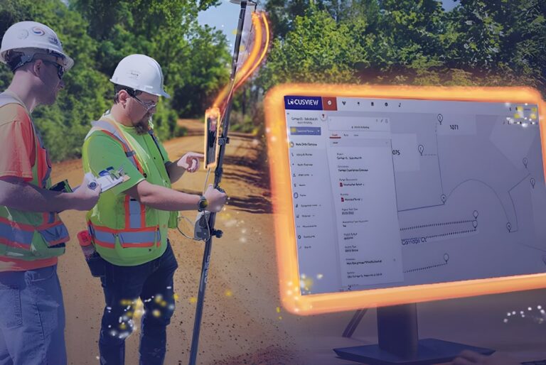 Two utility workers in hard hats use a surveying pole outdoors next to a digital interface showing Locusview software.
