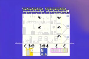 Cross-section diagram of a smart building showing solar panels, utility meters, and icons for water, gas, and electricity.