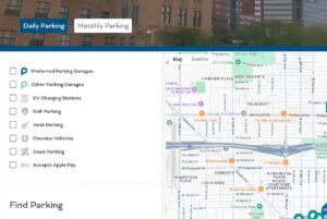 Digital interface for a Phoenix parking tool featuring a street map and filter options for garages and EV charging.