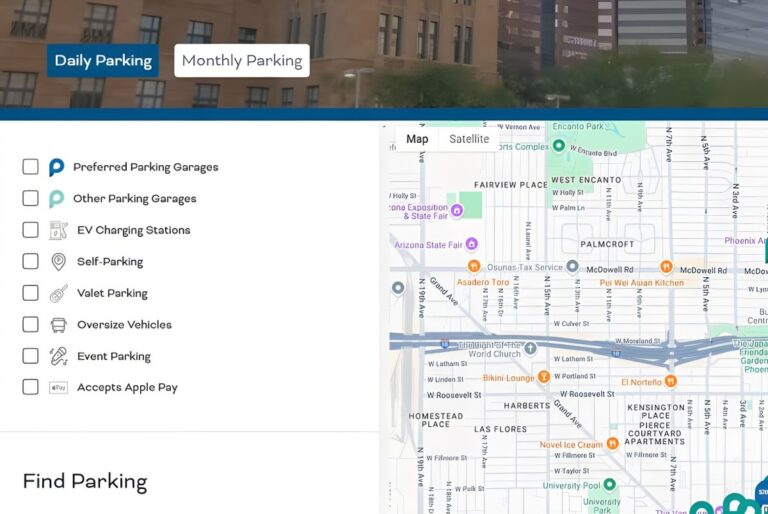Digital interface for a Phoenix parking tool featuring a street map and filter options for garages and EV charging.