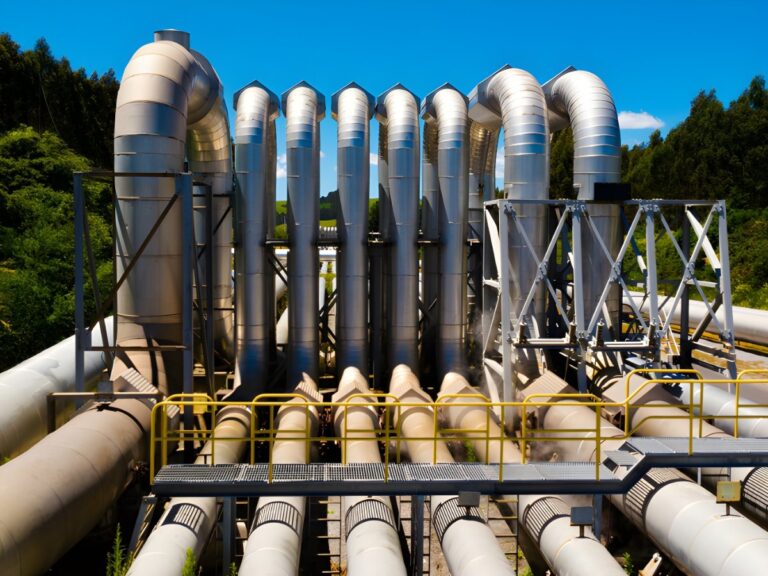 Large industrial steel pipes and vertical U-shaped conduits at a water treatment facility with metal catwalks.