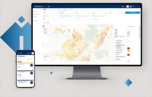 AGS Water Solutions software interface displaying a geographic heat map on a desktop monitor and a smartphone.