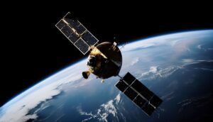 Satellite with extended solar panels orbiting Earth against the backdrop of the planet's curvature and dark space.