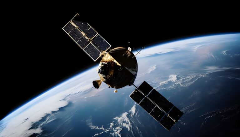 Satellite with extended solar panels orbiting Earth against the backdrop of the planet's curvature and dark space.