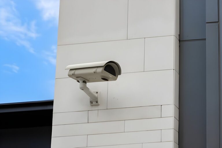 White security camera mounted on a light-colored stone building facade against a blue sky.
