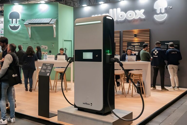 A Wallbox Supernova fast charger stands at a trade show booth with staff and attendees in the background.